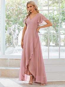Váy phù dâu trang trọng bằng vải voan viền tay cánh bướm, váy thanh lịch - Bụi hồng - Xem 4