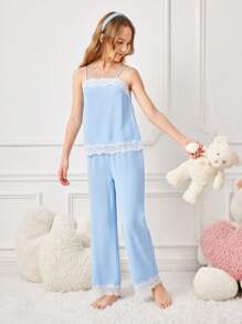 Bộ 2 Bộ Đồ Ngủ Cho Bé Gái, Áo Vest Dây Spaghetti & Quần Dài Thường Ngày - Màu xanh lam - Xem 3