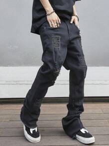 Manfinity EMRG Men's Slim Flared Jeans With Distressed Pockets And Ripped Design