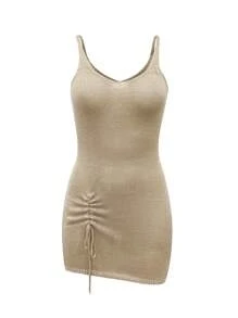 Women Plain Minimalist Ruched Camisole Tank Top, Summer - Khaki - View 4