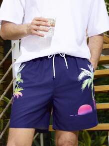 Surfspeed Men's Palm Tree Printed Drawstring Waist Loose Beach Shorts (Random Cut Printing) - Blue - View 3