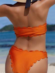 SHEIN Swim Women's Summer Beach Solid Color Bandeau Sexy Bikini Set Bathing Suit - Rust Brown - View 2