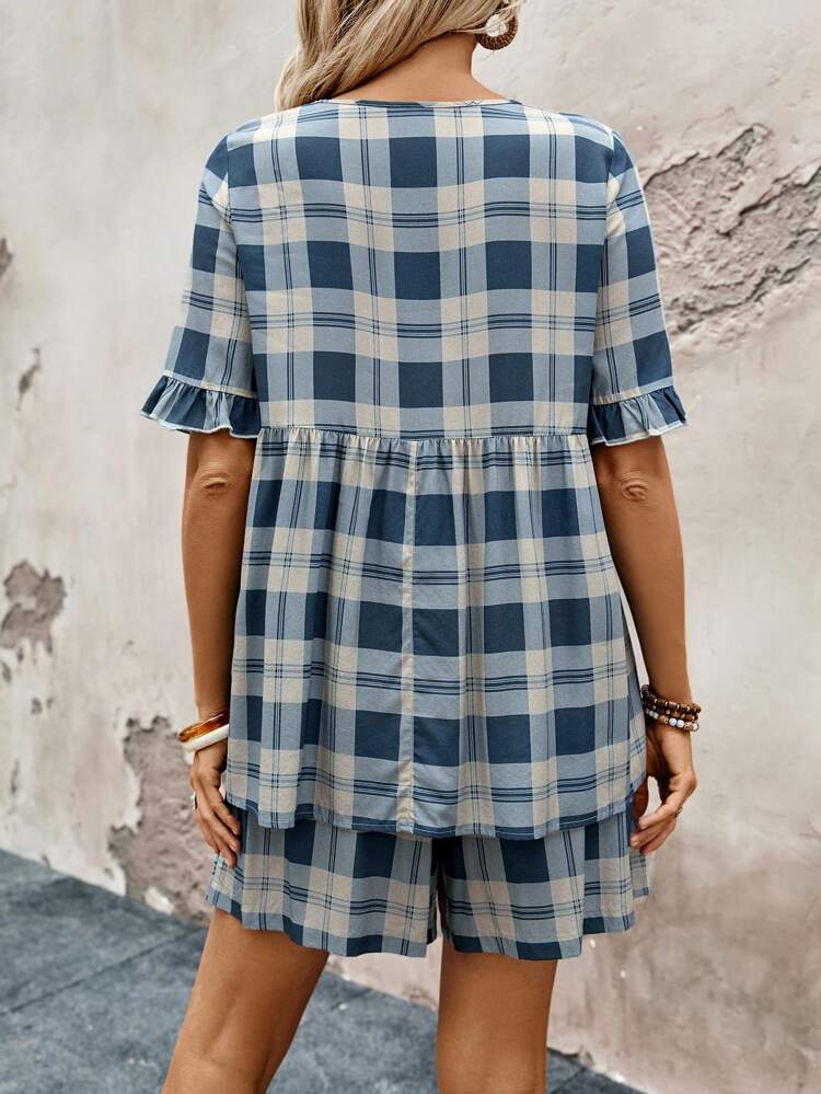 Summer Rural Women's Peter Pan Collar Checkered Top 2pcs Set