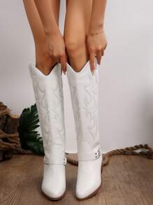 Kendall Jenner風格刺繡靴，2024歐美新款女士復古膝高牛仔靴，厚跟 - 白色 - 查看 3