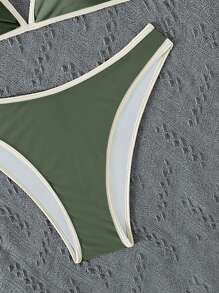 SHEIN Swim Women's Summer Beach Color-Blocked Cross Back  Bikini Set - Army Green - View 6