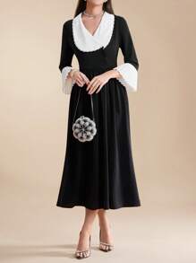 Modelyn Elegant Colorblock Waist Cinching Women's Spring/Summer Dress - Black and White - View 7