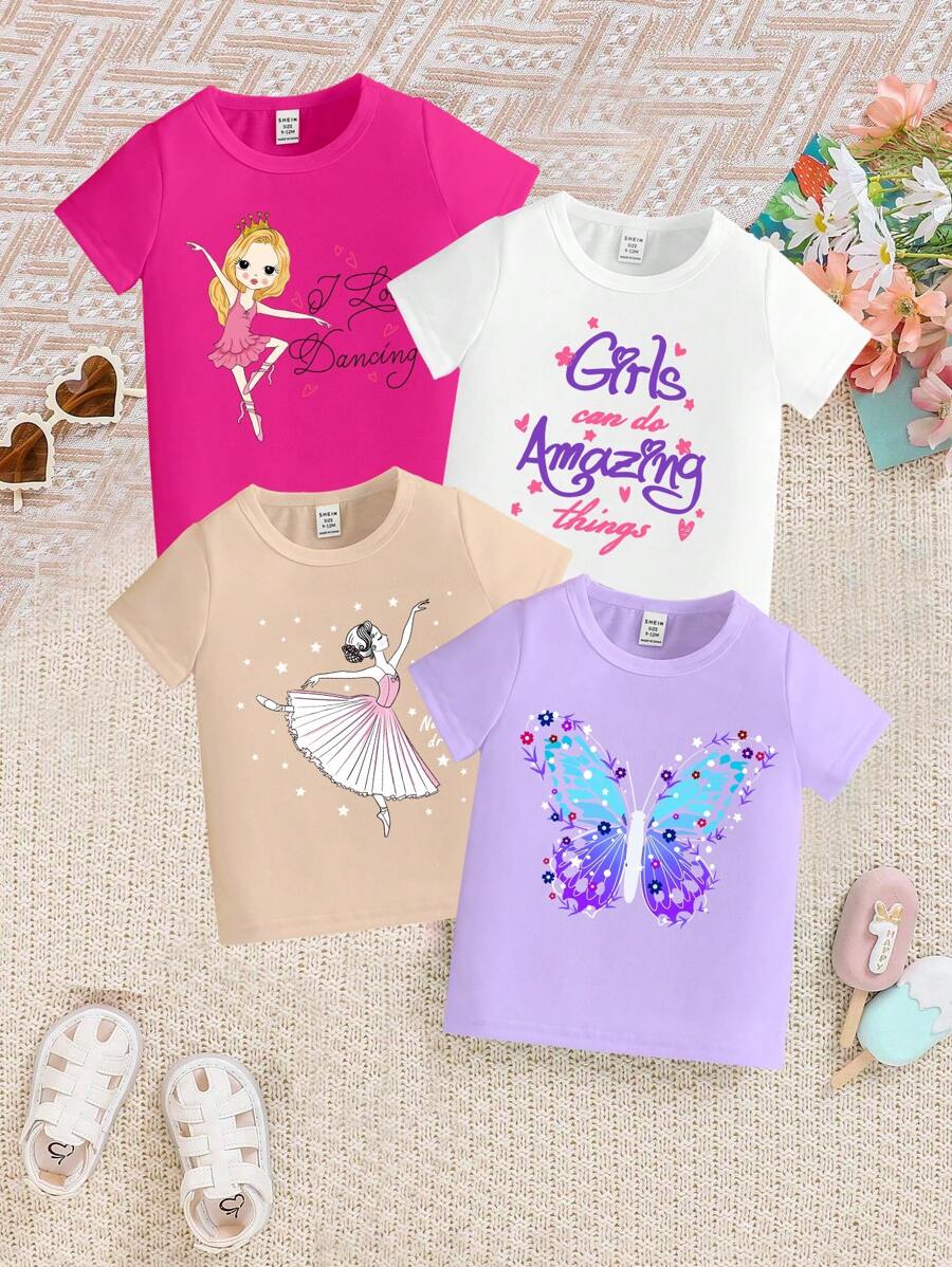 SHEIN 4入組寶寶女孩休閒印花圖案和字母標語短袖T恤套裝 - 彩色 - 查看 1