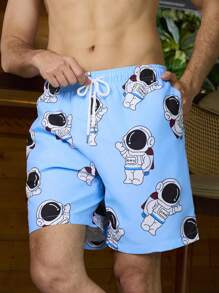 Surfspeed Men's Vacation Astronaut Printed Drawstring Waist Loose Beach Shorts
