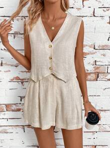SHEIN Clasi 2pcs Linen Sleeveless Vest And Solid Color Shorts Set For Holiday Leisure - Apricot - View 4