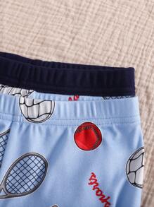 SHEIN Ensemble pyjama 4 pièces pour garçon, ajusté et confortable - Ensemble de haut imprimé lettre à manches courtes et pantalon à col bloc de couleur, ensemble de haut imprimé à manches longues et pantalon avec motif de raquette de tennis - Bleu azur - Voir 6