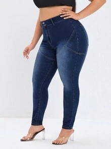 Quần Jeans Slim Fit Nâng Mông Plus Size Có Mối Nối Denim Giặt - Rửa tối - Xem 2
