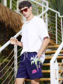 Surfspeed Men's Palm Tree Printed Drawstring Waist Loose Beach Shorts (Random Cut Printing) - Blue - View 1