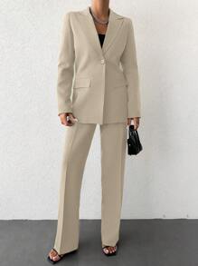 EURMUSE 女士純色簡約日常長袖長褲套裝 - 米色 - 查看 4
