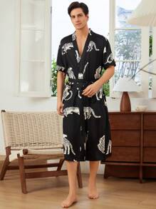 V-Neck Belted Blue Floral Printed Short Sleeve Loungewear Robe