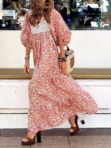 Breezaya Vestido maxi holgado de mujer con mangas de farol, estampado de plantas, cinturón y corte recto, atuendo vacacional para mujeres - Albaricoque - Ver 1