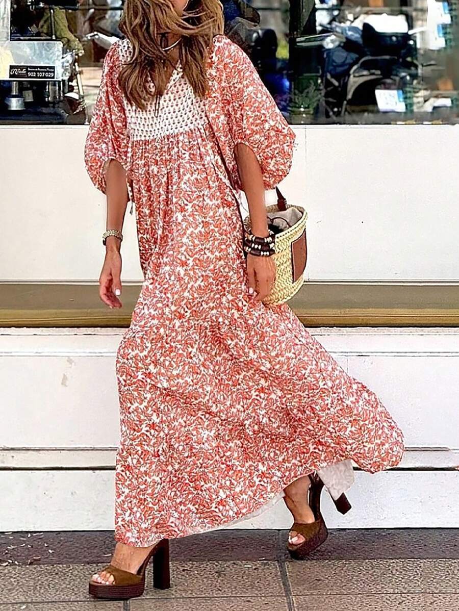 Breezaya Vestido maxi holgado de mujer con mangas de farol, estampado de plantas, cinturón y corte recto, atuendo vacacional para mujeres - Albaricoque - Ver 1