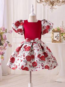 Young Girl Mommy And Me Matching Outfits Summer,7th Birthday Color Block Round Neck Top Textured Puff Sleeves Jacquard Pleated Skirt Set(2 Pcs Sold) - Red - View 1