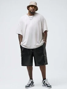 Manfinity VCAY Men's Plus Size Knitted Loose Casual Short Sleeve T-Shirt With Drop Shoulder Pattern Design, Suitable For Summer Daily Wear