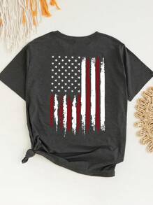 SHEIN LUNE Große Größen Damen Rundhals Kurzarm Lässig T-Shirt mit Amerika-Motiv, Sommer