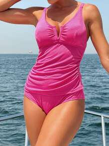SHEIN Swim Ladies' Solid Color Simple Daily Tankini Set Summer - Hot Pink - View 8