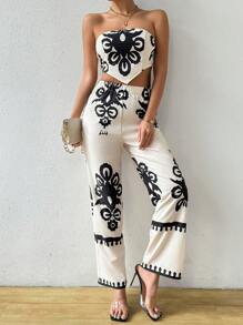 Chiquease Conjunto de 2 piezas para mujer, incluye top casual sin tirantes con estampado y pantalones de vacaciones - Multicolor - Ver 1