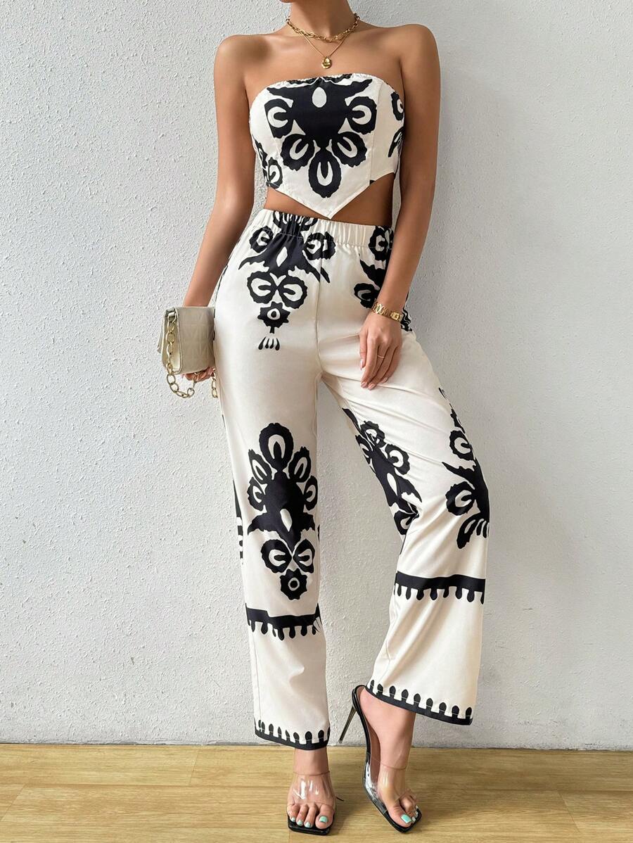 Chiquease Conjunto de 2 piezas para mujer, incluye top casual sin tirantes con estampado y pantalones de vacaciones - Multicolor - Ver 1