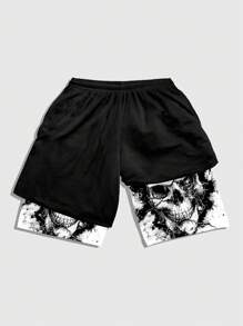 ROMWE MEN Goth Spring/Summer Casual Graphic Men'S Skull Printed Drawstring Waist Casual Fit Casual Basketball Shorts, School - Black - View 2