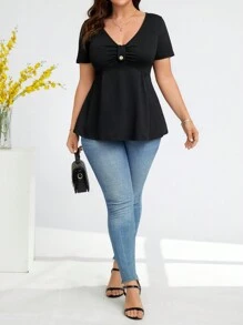 Elenzga Plus Size Women's Solid Color V-Neck Pleated Short Sleeve Casual T-Shirt, Summer