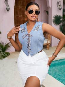 SHEIN VCAY Plus Size Blue Denim Jacket With Tie Embroidered Vest For Casual Or Holiday - Light Wash - View 6