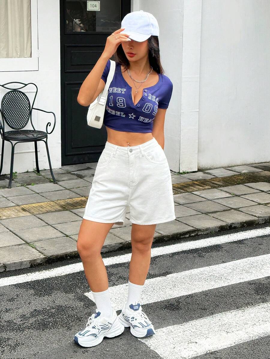 SHEIN EZwear 女款休閒寬鬆斜口口袋牛仔短褲,夏季款 - 白色 - 查看 1