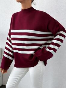 EURMUSE Jersey con patrón de rayas de hombros caídos - Burdeos - View 5