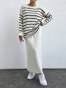 EURMUSE Striped Pattern Drop Shoulder Sweater & Knit Skirt - Black and White - View 5