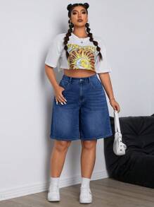 SHEIN EZwear Plus Size Women's Wide Leg Bermuda Denim Shorts With Pockets - Blue - View 6