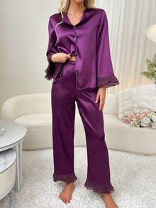 Juego de pijama de lujo y elegante de encaje para mujeres de 2 piezas - Rojo violeta - Ver 5