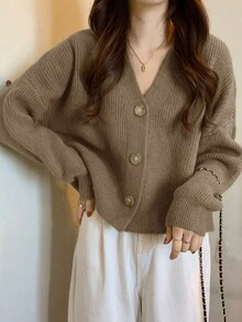 Solid Color Classic And Simple V-Neck Cardigan With Front Button And Long Sleeves,Long Sleeve Tops Casual - Khaki - View 6