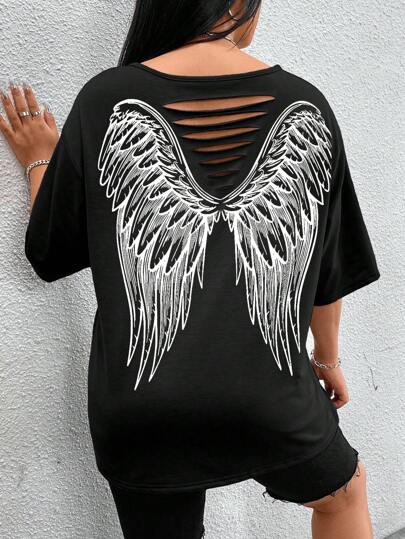 Flirla 大码女式夏季宽松休闲 T 恤，带翅膀印花，露背和蝙蝠袖图案 T 恤女式上衣