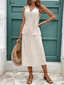 SHEIN Frenchy Ladies' Old Money Style Plain & Simple Daily Wear Tie Front Top And Skirt Two-Piece Linen Set,Office Wear Women Set,Fall Women Inside Out - Apricot - View 3