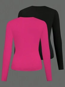 Calvaya 大尺碼女士實色圓領長袖休閒T恤，春季/夏季 - 彩色 - 查看 2