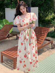 DAZY Damen Sommerkleid mit floralen Drucken, aufgebauschten Ärmeln und geraffter Taille, Strandkleid für den Urlaub - Verschiedenfarbig - Übersicht 6