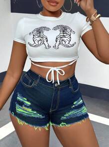 SHEIN SXY Plus Size Sexy Tight-Fitting Denim Short With Distressed Design, Blue - Dark Wash - View 3
