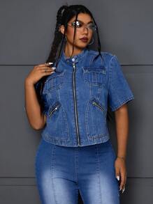 SHEIN ICON 大尺寸女士純色簡約日常牛仔外套 - 藍色 - 查看 3
