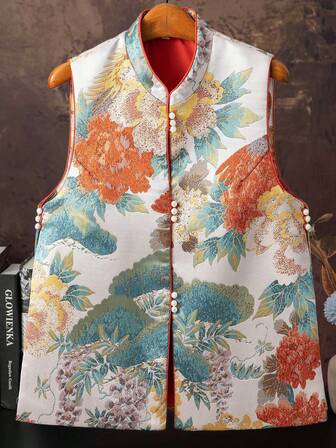 Blessing Wealth Element Peony Pattern New Chinese Style Sleeveless Slit Jacket Top, Elegant Mandarin Collar Tangzhuang Vest Outerwear, Women Graceful Apparel, Suitable For All Seasons, Wear For Christmas Eve/Thanksgiving/Christmas/Chinese New Year/New Year's Eve, Fit For Daily/Casual/Social/Occasion/Holiday/Event/Festival