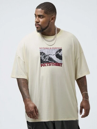 Manfinity VCAY Manfinity NXTstreet男士大尺寸休閒針織T恤，寬鬆肩部和油畫圖案，適合夏季