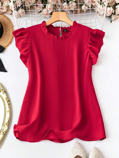 Rometta 大码女式纯色圆领盖袖上衣，荷叶边下摆，夏季休闲衬衫，适合新年服装