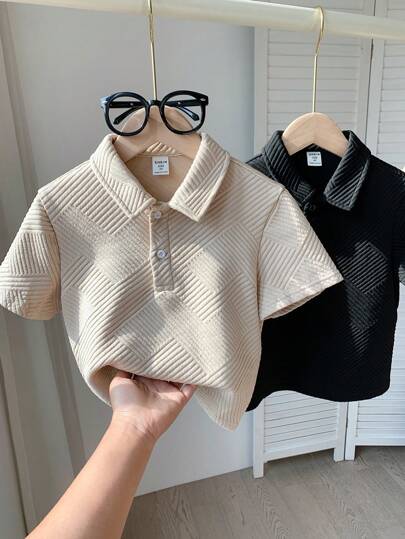 SHEIN 2pcs Young Boy Casual College Style Texture Fabric Turn-Down Collar Short Sleeve Polo Shirts, Comfortable And Versatile