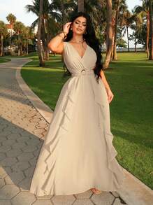 SHEIN SXY V-Neck Belted Ruffle Hem Back Tie Summer Sleeveless Elegant Dress - Apricot - View 6