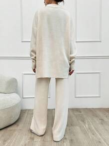 EURMUSE Plus 2pcs/Set Solid Color Turn-Down Collar Sweater And Long Pants Outfit - Apricot - View 2
