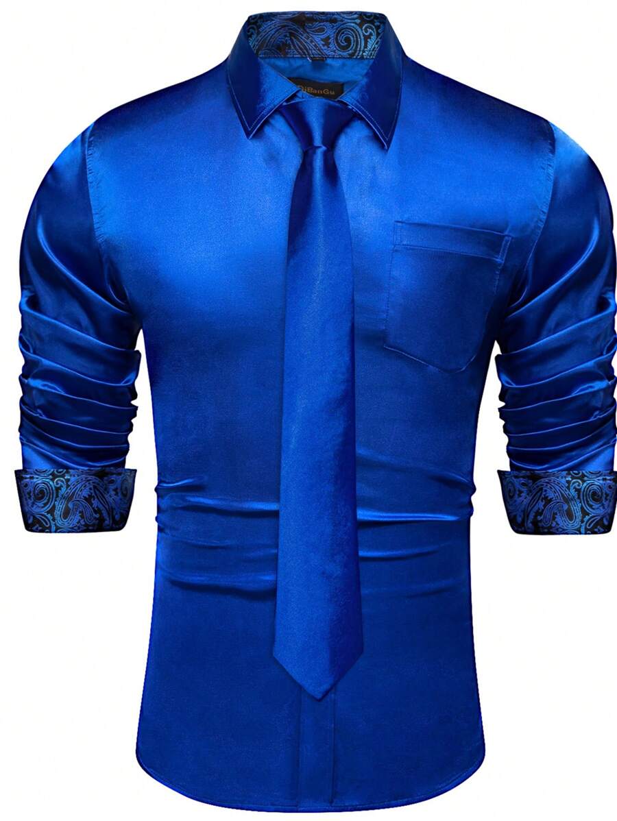 Áo sơ mi dài tay chắp vá mùa xuân/hè họa tiết Paisley dành cho nam giới - Xanh đậm - Xem 1