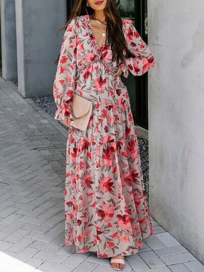 Women's Casual Floral Deep V Neck Long Sleeve Ruffle Hem Evening Cocktail Long Dresses
