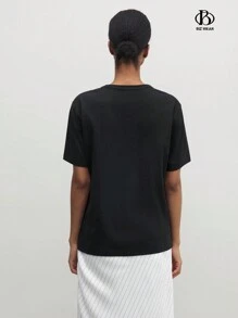 Blusa casual para oficina de mujer con cuello redondo, manga corta y estampado de letras, ropa de oficina de verano